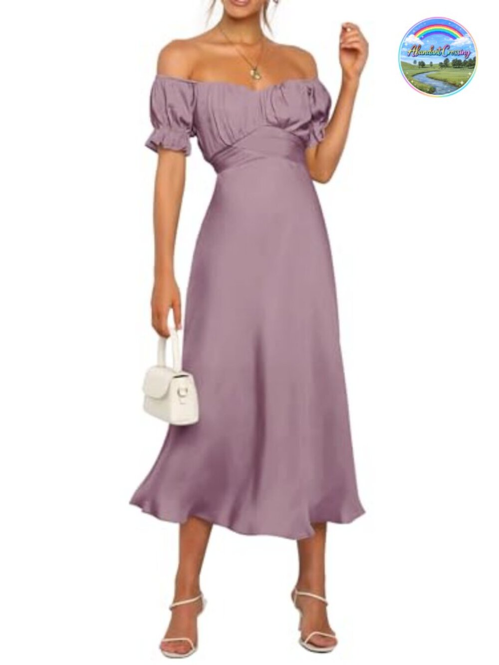 Satin Off Shoulder Midi Dress Bubble Sleeve Ruffle Hem